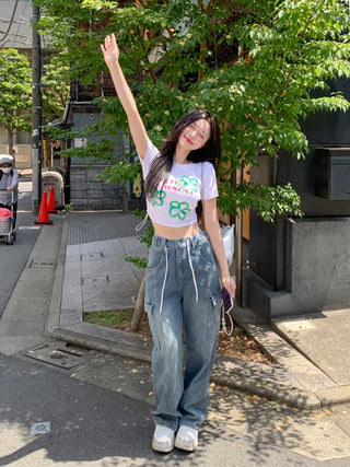Flower print string cropped t-shirt (4 colors)