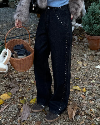 Stud Point Wide Semi-Bootcut Denim Pants