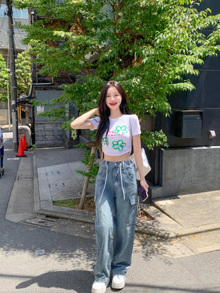 Flower print string cropped t-shirt (4 colors)
