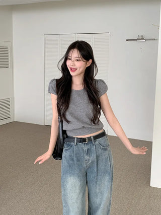 Puff-sleeved short-sleeved knit