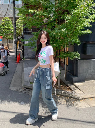 Flower print string cropped t-shirt (4 colors)