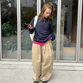 Double-pleated cotton wide-leg pants