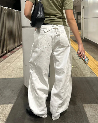 Button-back cinch wide cotton pants