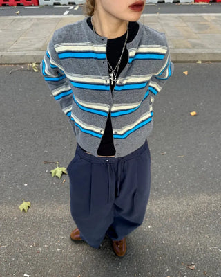 Double-border round-neck knit cardigan