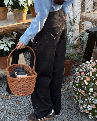 Stud Point Wide Semi-Bootcut Denim Pants