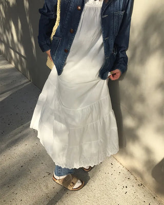 Neck hem punching lace long camisole dress