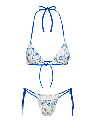 Jenner Tie Side Ruched Bikini Bottom White  Blue Floral