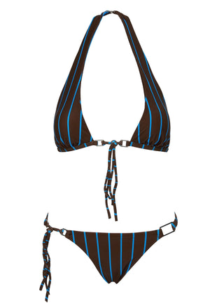 Janessa Hardware Halter Bikini Top Brown  Blue Stripe