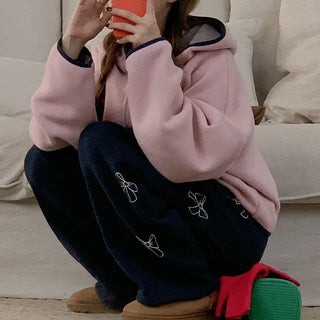 [Fleece-lined] Ribbon lettering elastic waist pants