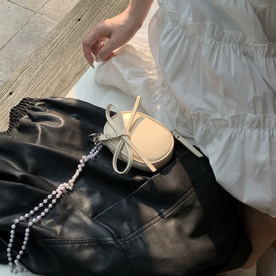 Ribbon ball pearl chain mini cross bag