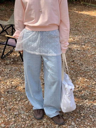 Light denim straight wide pants