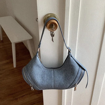 [2-type/5-color] Denim Laser Side Zip-Up Pocket Tote Bag