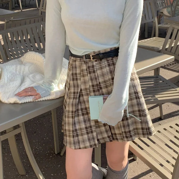 A-line checkered pleated mini skirt