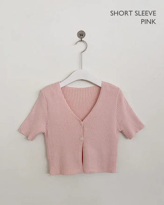 (Short-sleeved/Long-sleeved) Pastel Cropped V-neck Slim Button Ribbed Cardigan