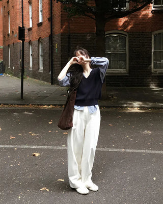 Wide cotton slacks with pleats