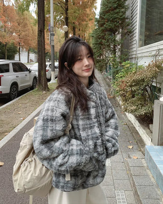 Down jacket x fleece reversible high-neck jacket