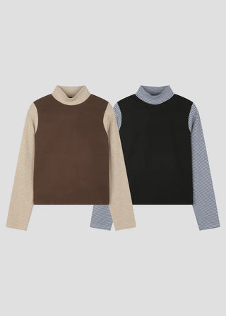 (2 colors) Brushed back striped high-neck T-shirt