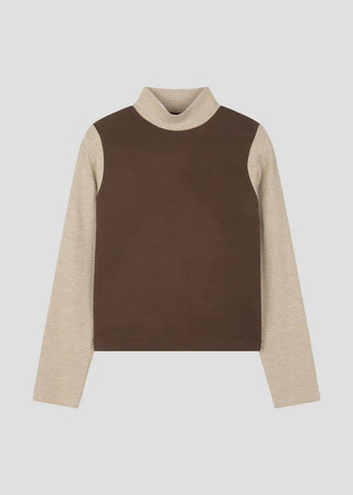 (2 colors) Brushed back striped high-neck T-shirt