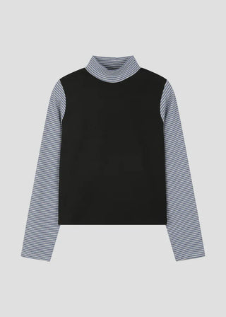 (2 colors) Brushed back striped high-neck T-shirt