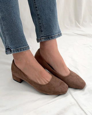 (3 colors) Suede Square Toe Mid-Heel Pumps
