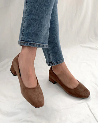 (3 colors) Suede Square Toe Mid-Heel Pumps