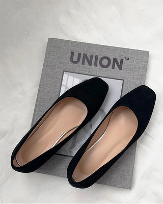 (3 colors) Suede Square Toe Mid-Heel Pumps