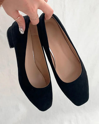 (3 colors) Suede Square Toe Mid-Heel Pumps