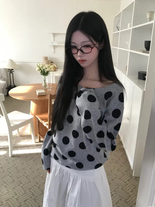 (3 colors) Polka Dot One-Shoulder T-Shirt