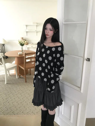(3 colors) Polka Dot One-Shoulder T-Shirt