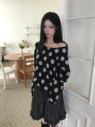 (3 colors) Polka Dot One-Shoulder T-Shirt