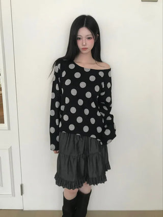 (3 colors) Polka Dot One-Shoulder T-Shirt