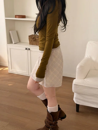 (2 colors) Checked Chiffon Mini Skirt