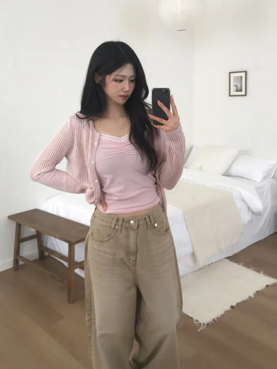 (2 colors) Back Button Wide Jeans