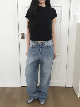 (Unisex) Distressed Wash Wide Jeans