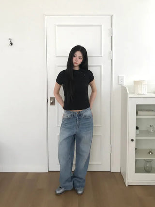 (Unisex) Distressed Wash Wide Jeans