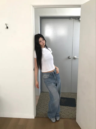 (Unisex) Distressed Wash Wide Jeans