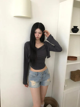 Distressed denim shorts