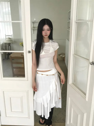 [2 colors][set] Ambal Frill Midi Skirt