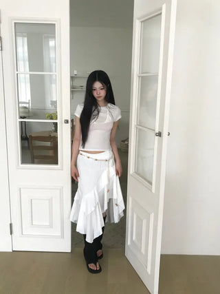 [2 colors][set] Ambal Frill Midi Skirt