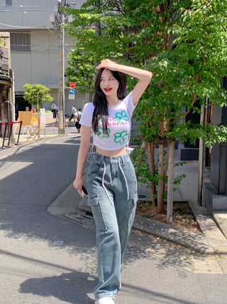Flower print string cropped t-shirt (4 colors)