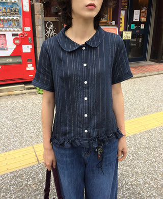 Flower button stripe border short-sleeved blouse