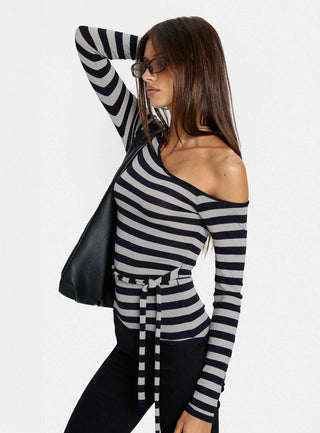 Kastor One Shoulder Long Sleeve Top Navy  Grey Stripe