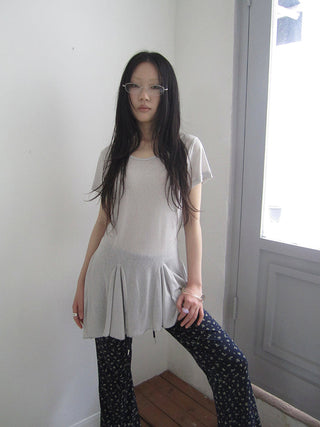 Vintage Sheer Floral Hem V Neck T Shirt Long Sleeve