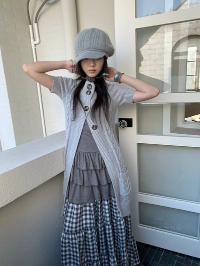 Vintage Gray Mid Length Half Zip Knit Sweater Short Sleeve