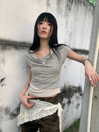 Post Apocalyptic Stacked Collar Layered Tie Detail Stretch Slim Tee