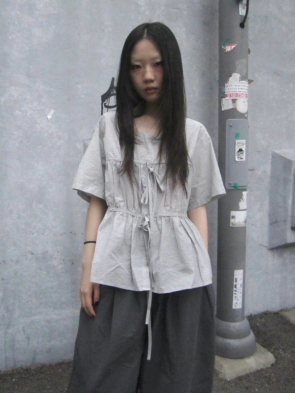 Korean Style Lightweight Tied Waist Pleated Single Row Button Short Sleeve Top