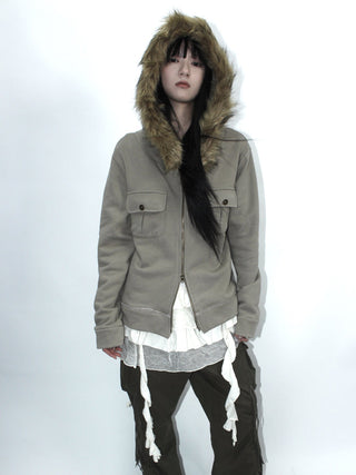 Detachable Fur Hooded Fleece Sweatshirt With Pockets