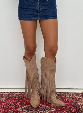 Like An Angel Faux Suede Tassel Knee High Boots Tan