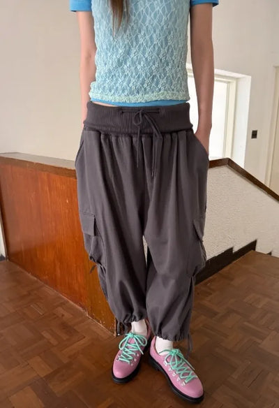 [3 colors] Fold Shirring Cargo Capri Pants