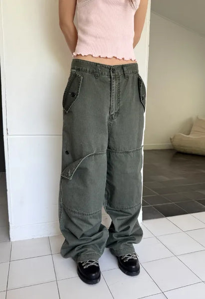[2 colors] Button flap wide pants